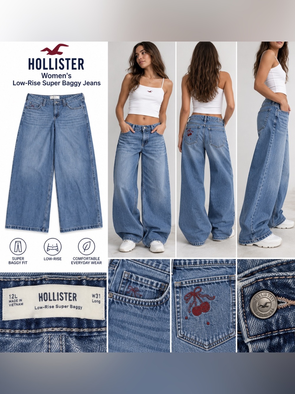 Hollister Women's Low-Rise Super Baggy Jeans - Light Blue size 12L